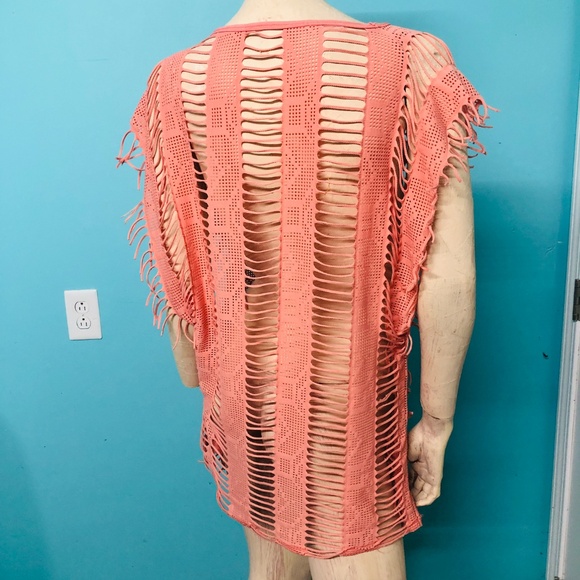 Salmon See Thru Slices & Fringe Pullover Sleeveless Tunic Top/Swimwear Cover~L - Picture 5 of 5